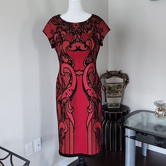 Worthington Midi Dress Red/ Black Velvet Lace Print - Picture 2 of 16